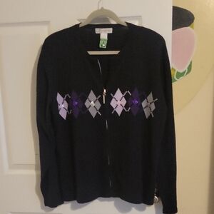 Dress Barn SzXL Elegant Black zip-up Cardigan with Purple Argyle Shimmer Pattern